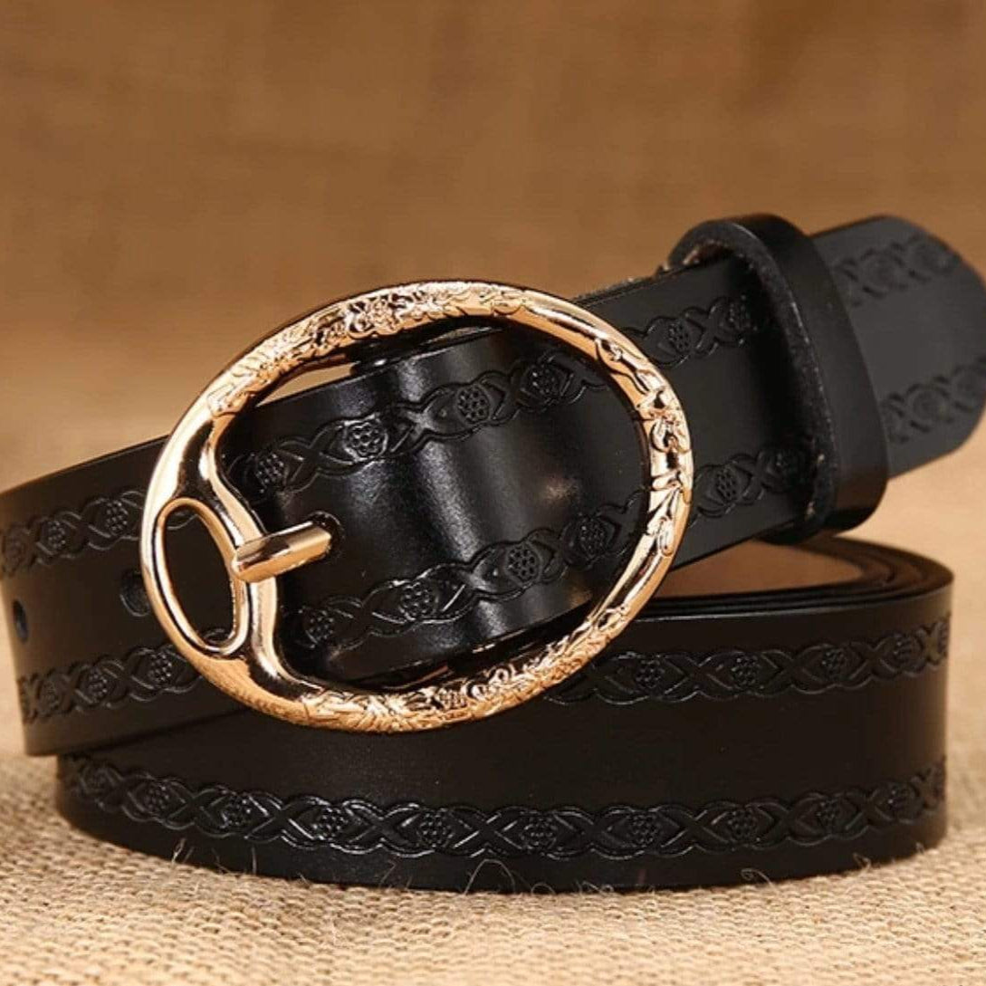 Black leather belt with gold oval buckle.
