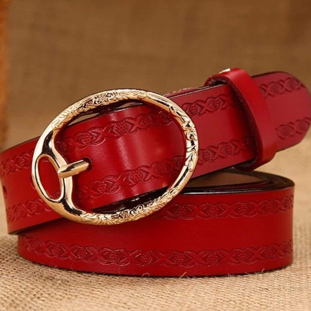Red leather belt with gold buckle.