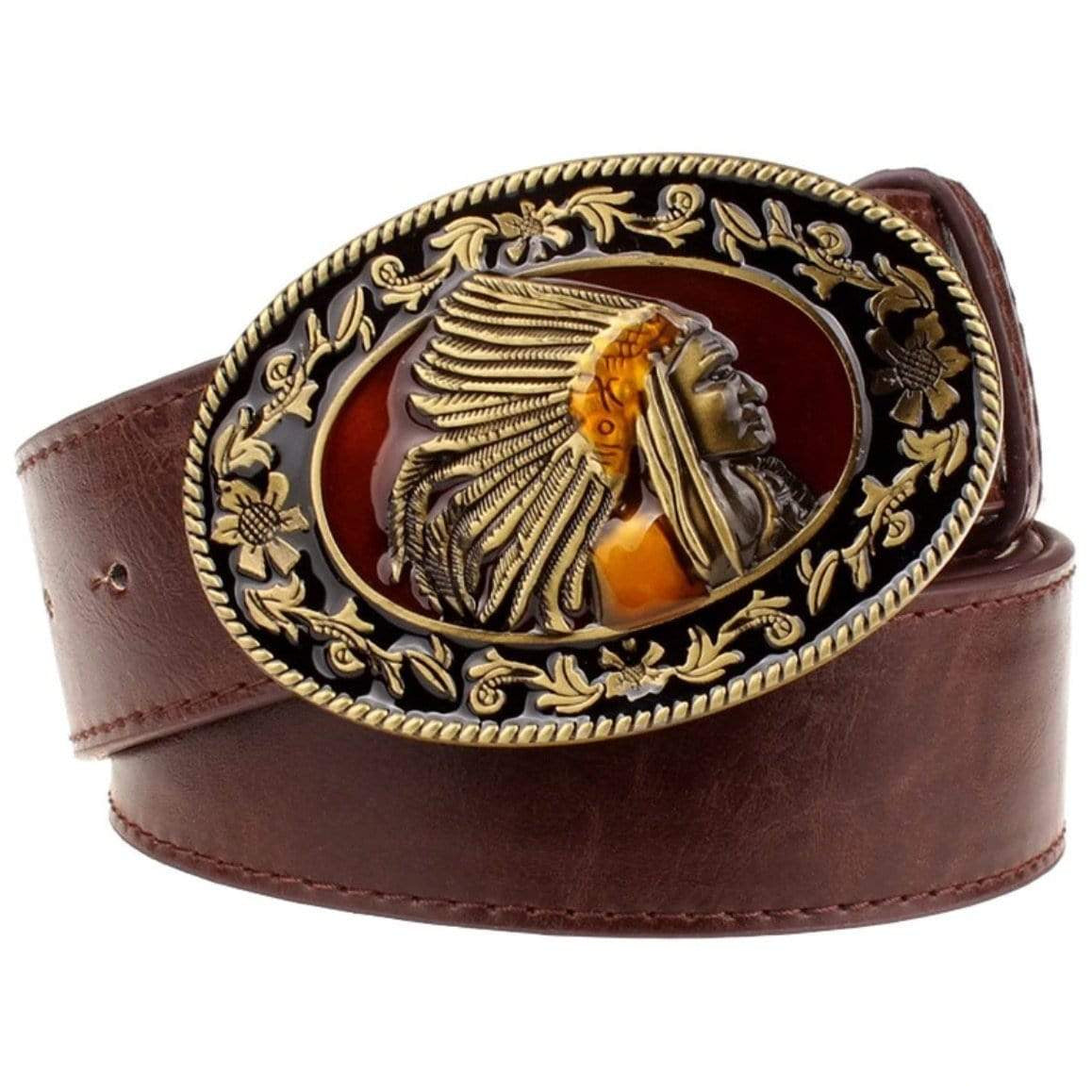 Brown leather belt with a metal oval buckle featuring an Indigenous person in a headdress. 
