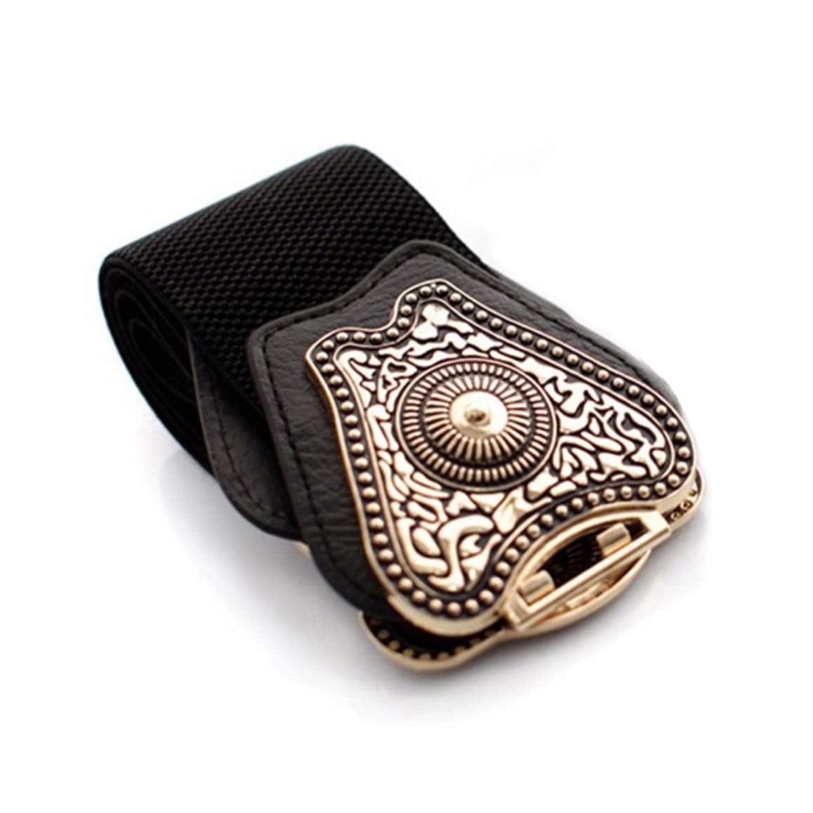 Black elastic belt with ornate gold buckle.