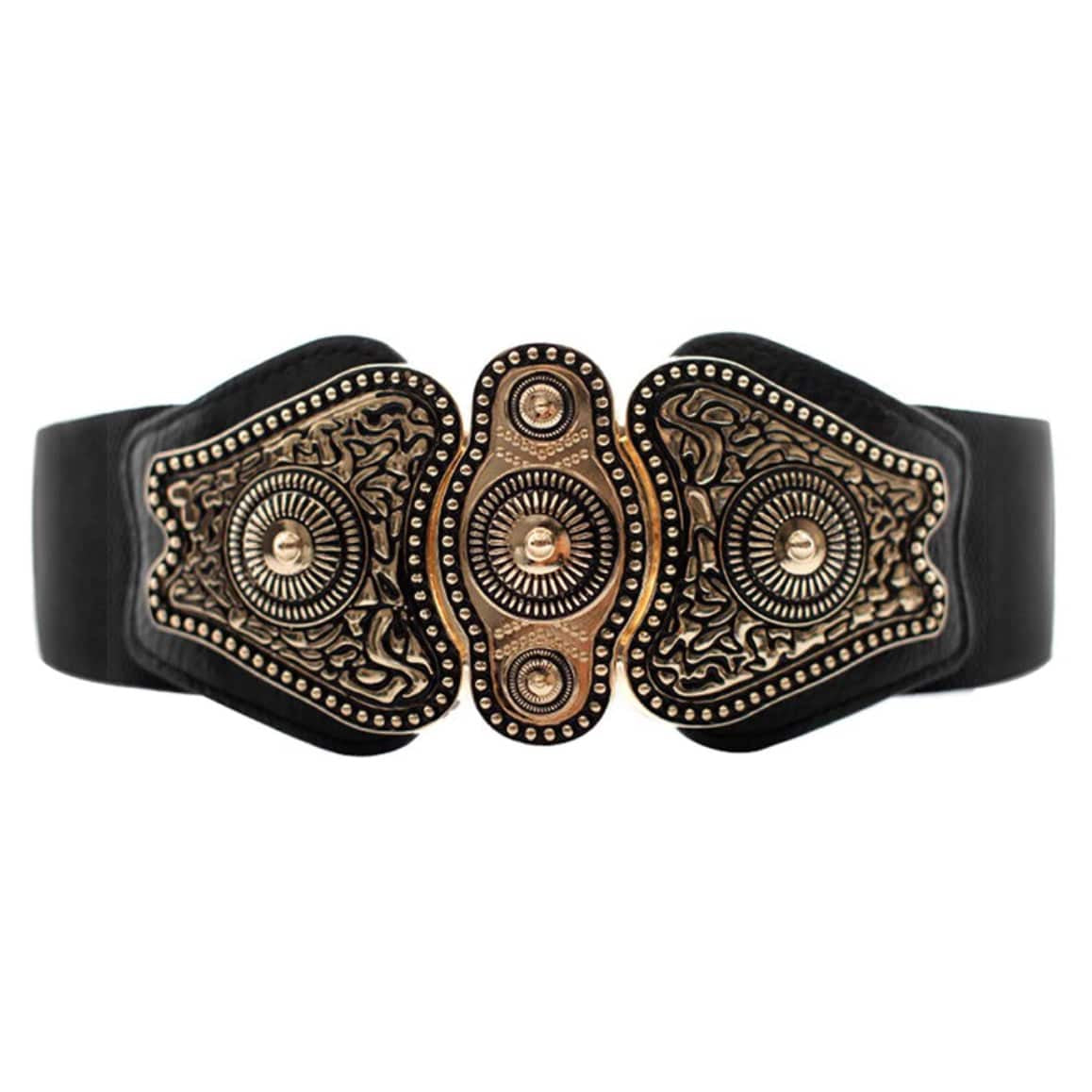 Black corset belt with gold medallions.
