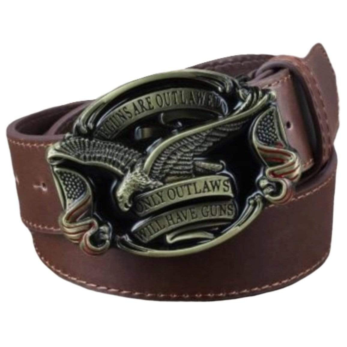 Brown leather belt with an ornate eagle buckle. 
