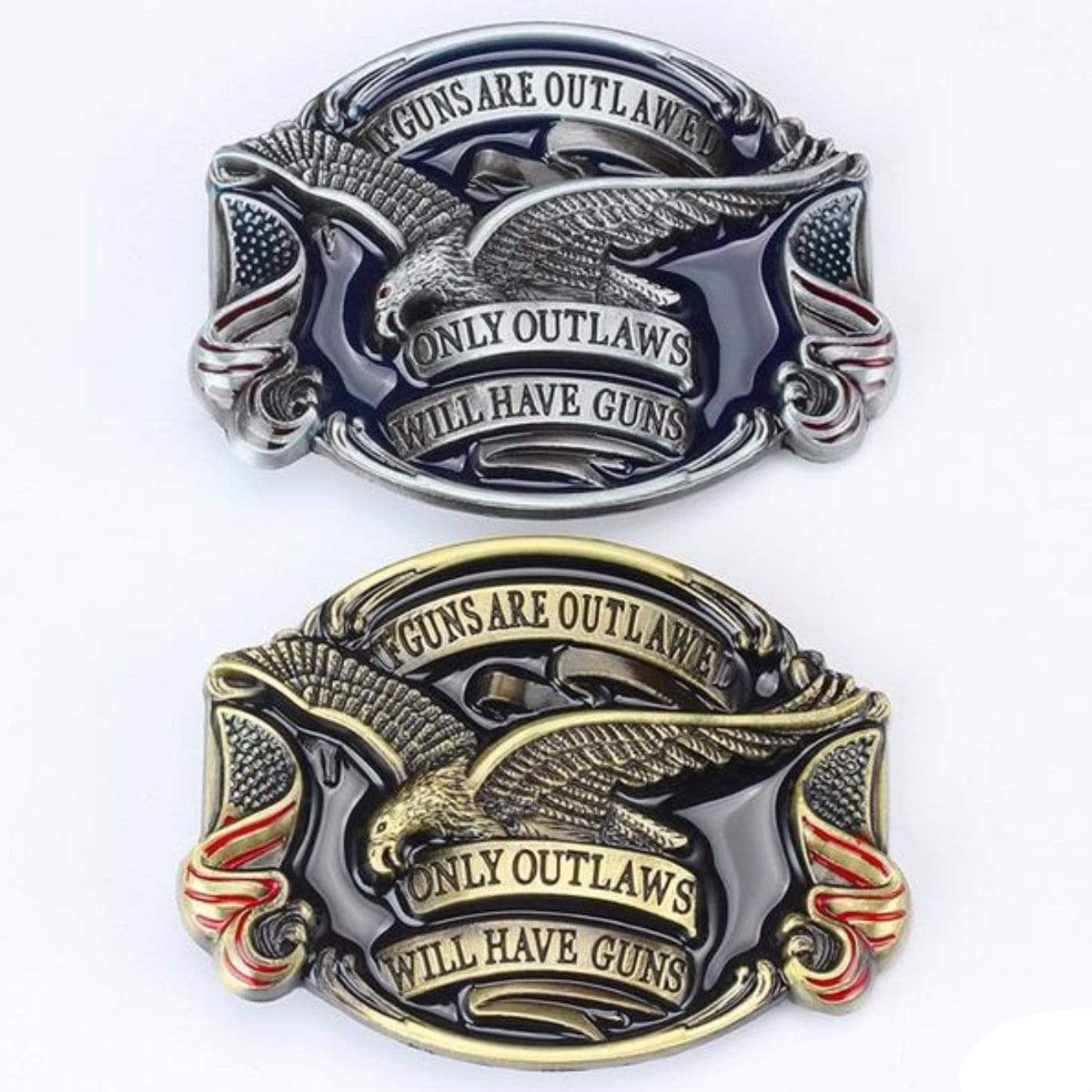 Two patriotic belt buckles with eagle and American flag design.