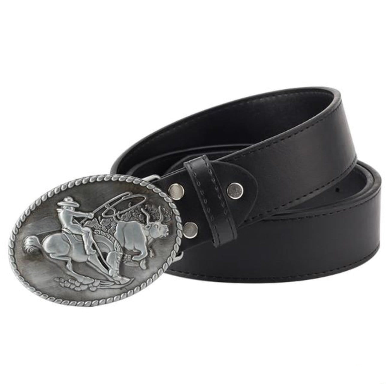 Black leather belt with silver cowboy-themed buckle.
