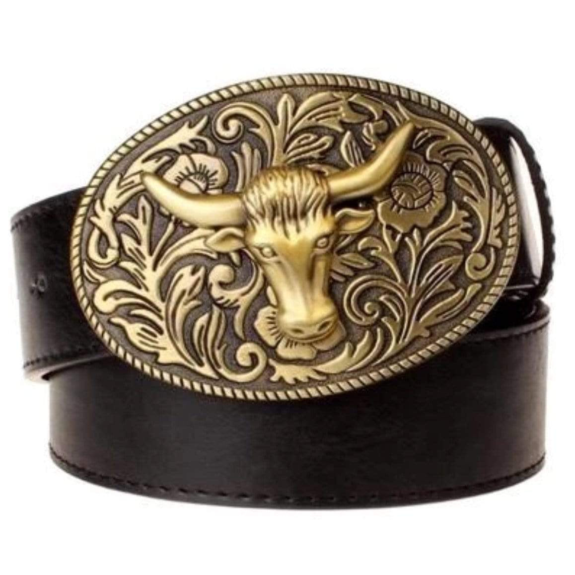 Black leather belt with an ornate, oval-shaped gold buckle featuring a bull's head design.