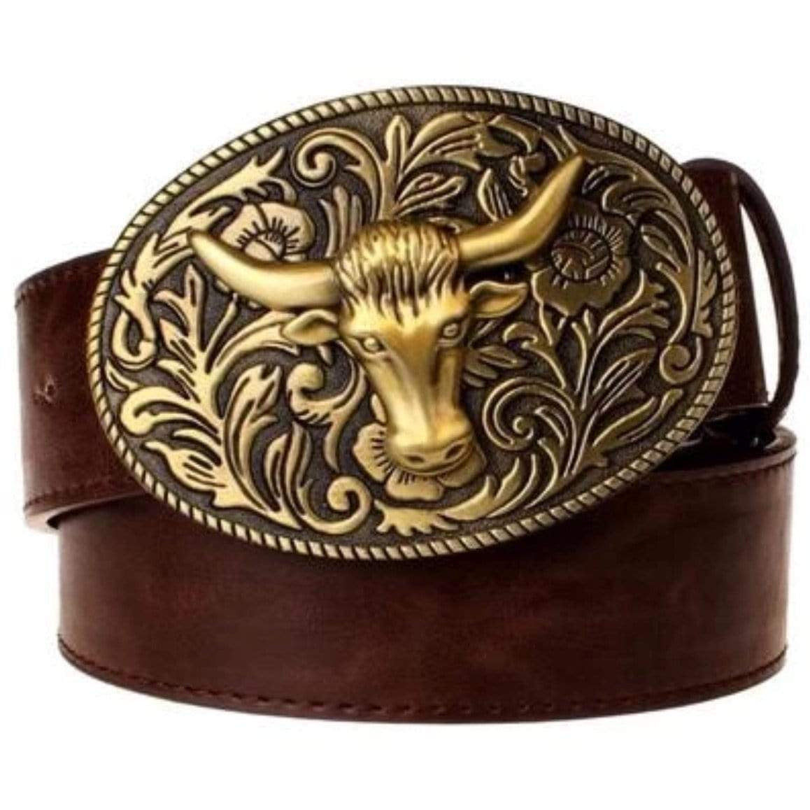 Brown leather belt with an ornate gold bull buckle.

