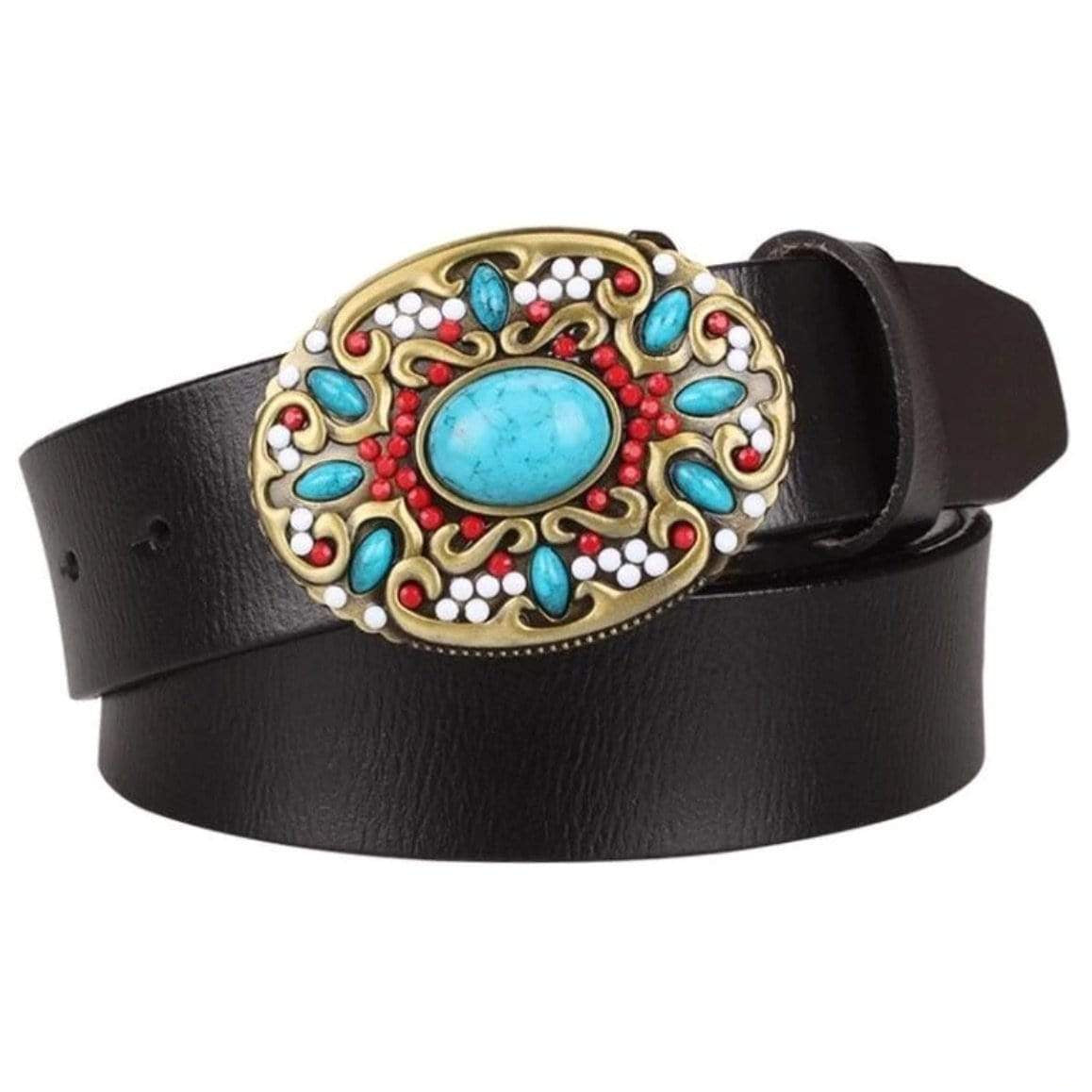 Black leather belt with large, ornate turquoise buckle.