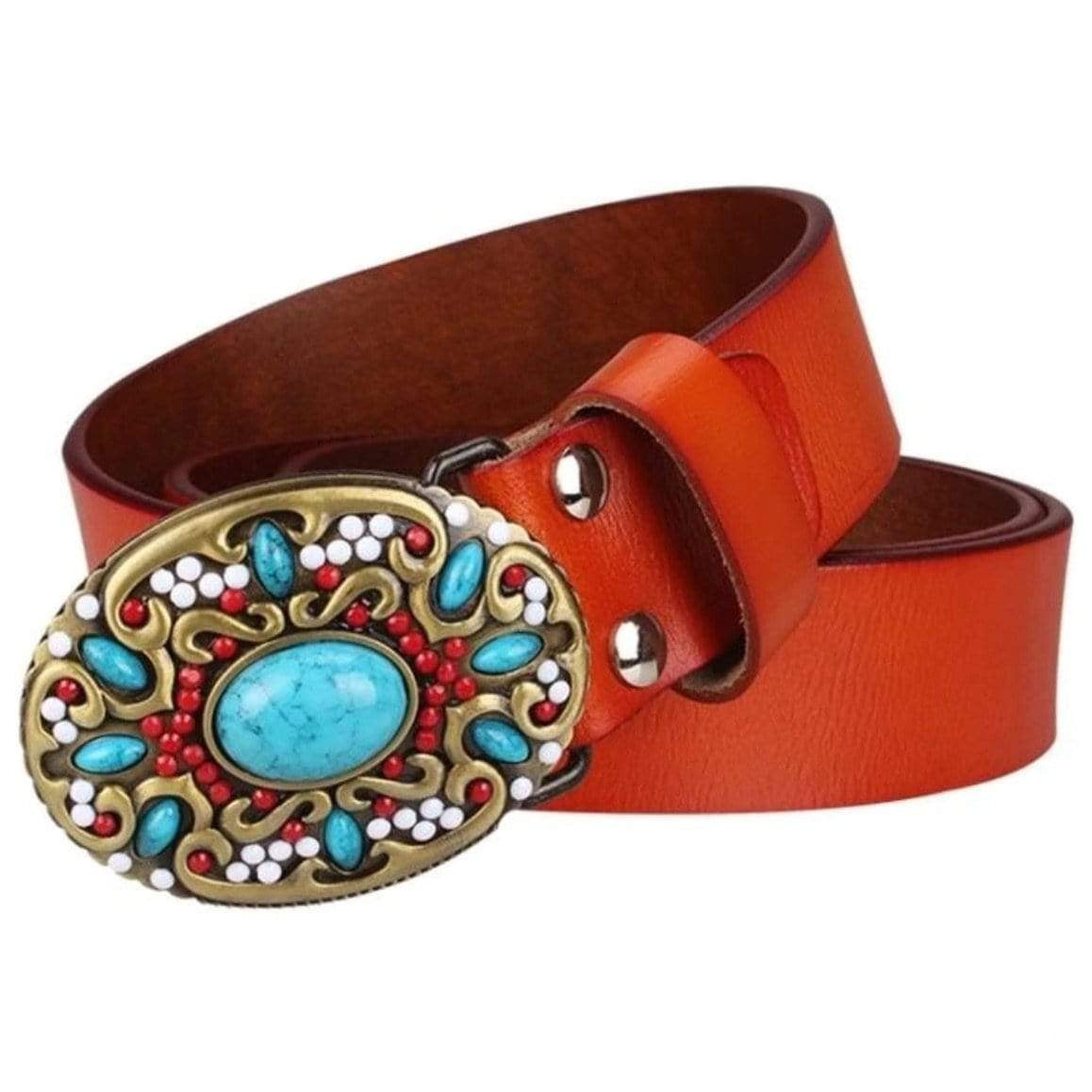 Orange leather belt with an oval turquoise and gold-colored buckle.
