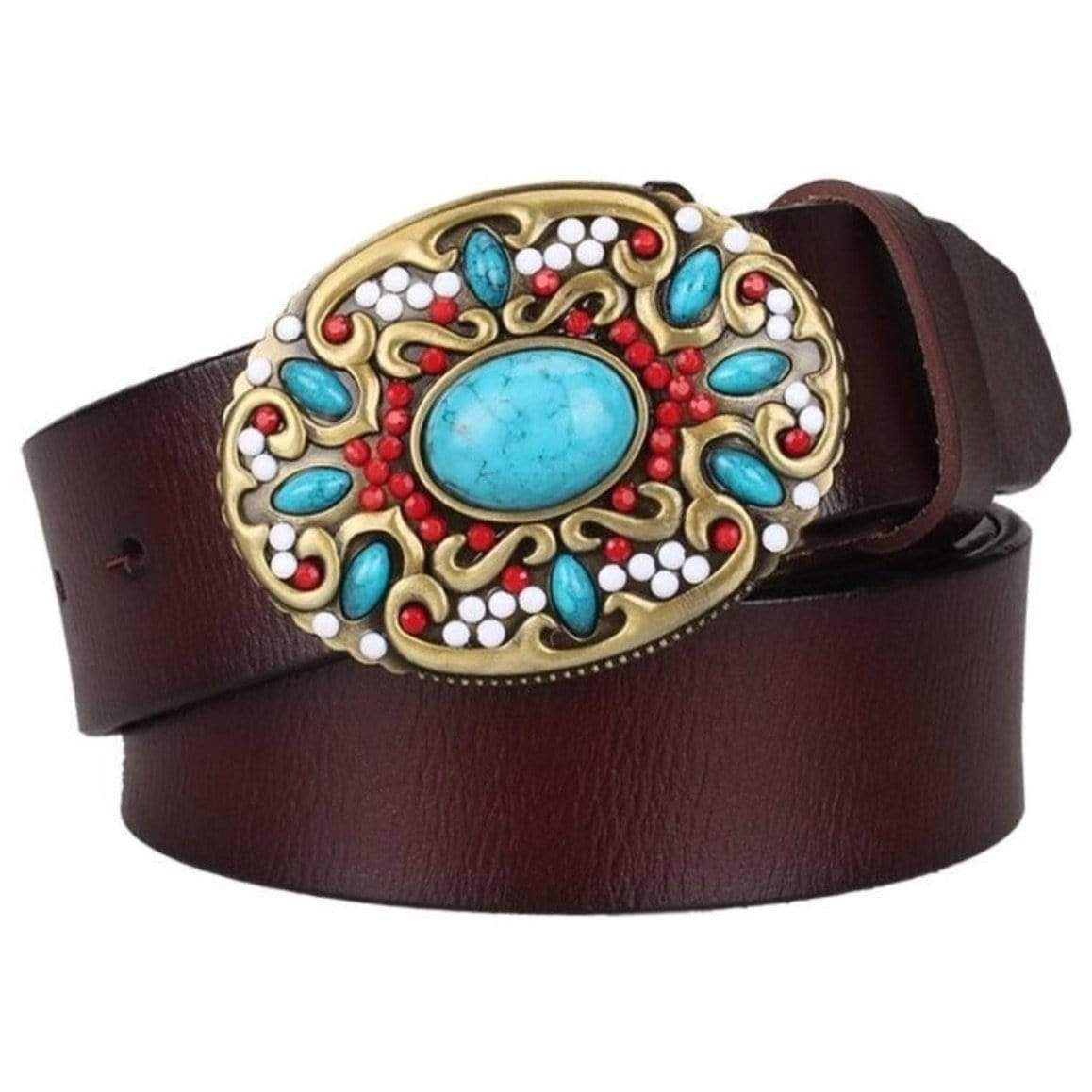 Close-up of a brown leather belt with a large oval buckle featuring turquoise, red, and white embellishments.