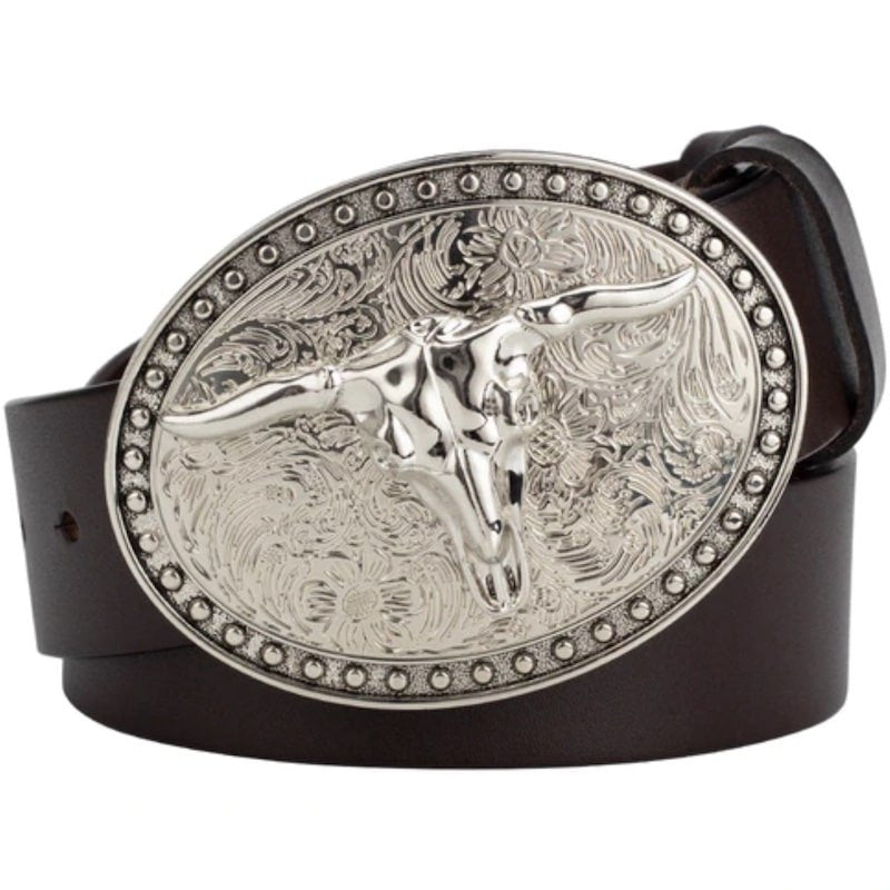 Brown leather belt with silver steer skull buckle.
