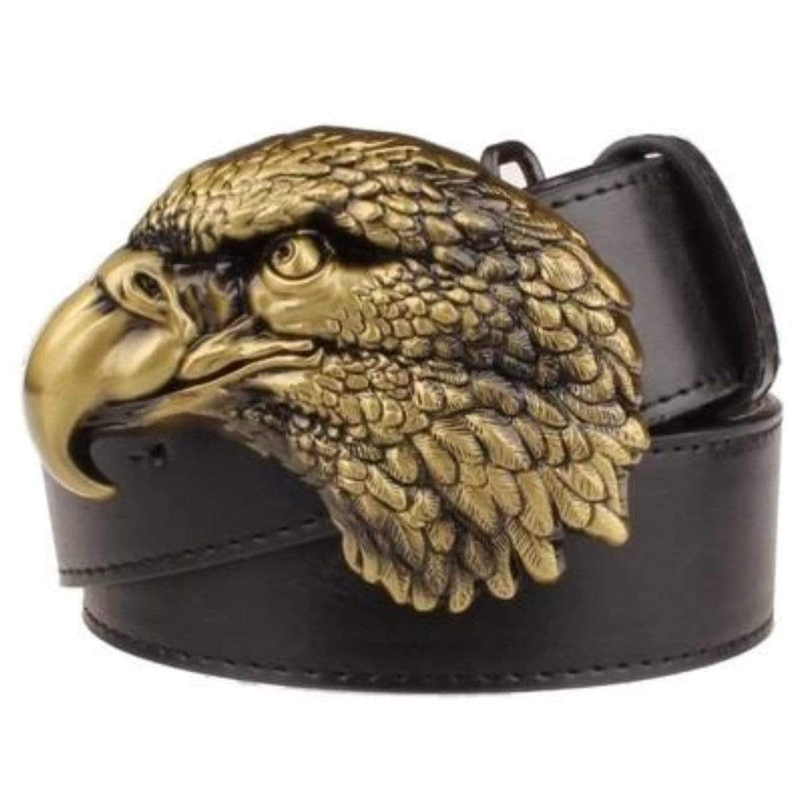 Black leather belt with a gold eagle buckle.