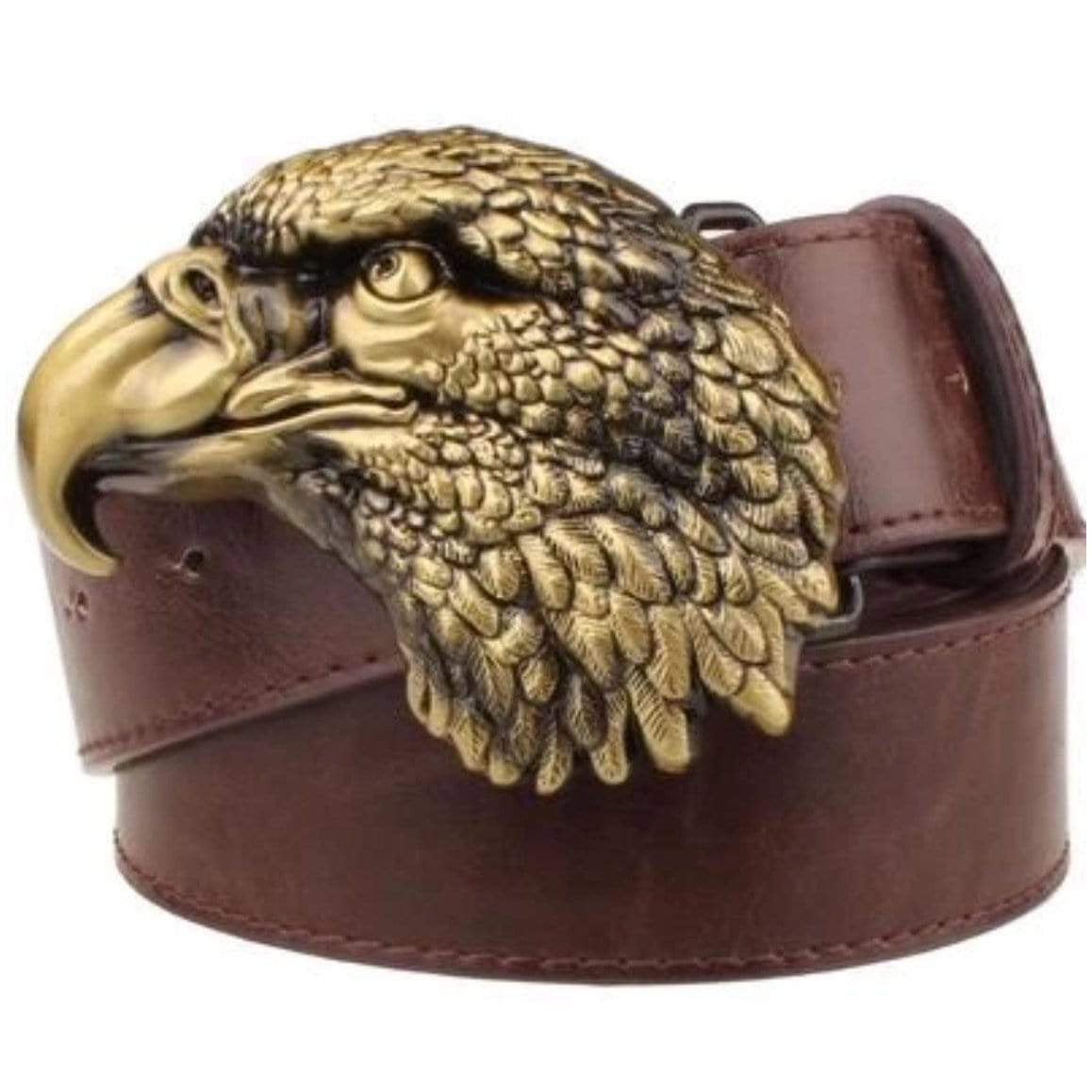 Brown leather belt with gold eagle head buckle.
