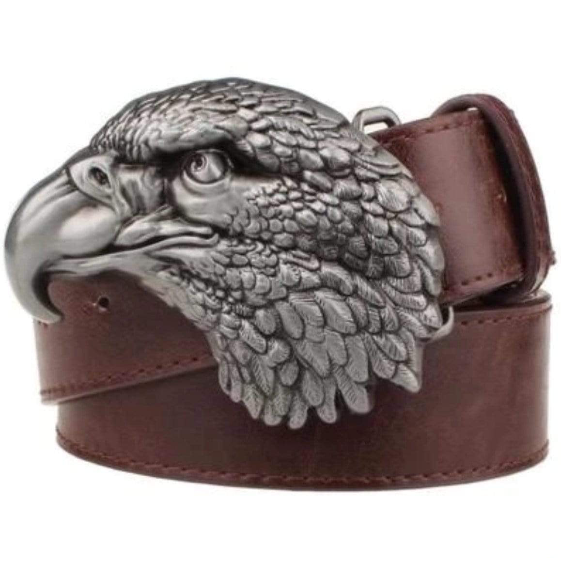 Brown leather belt with a silver eagle buckle.
