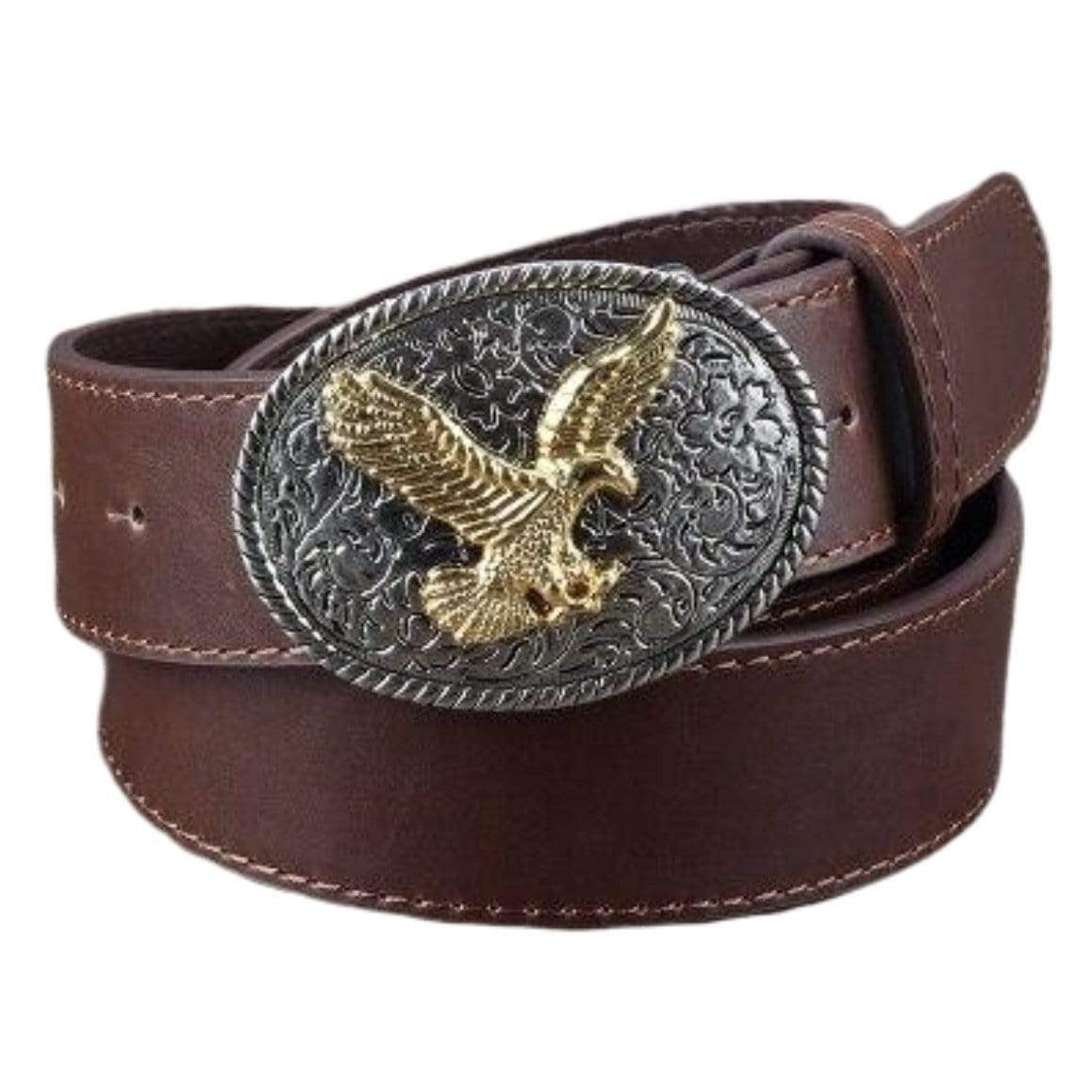 Brown leather belt with an ornate silver and gold eagle buckle.