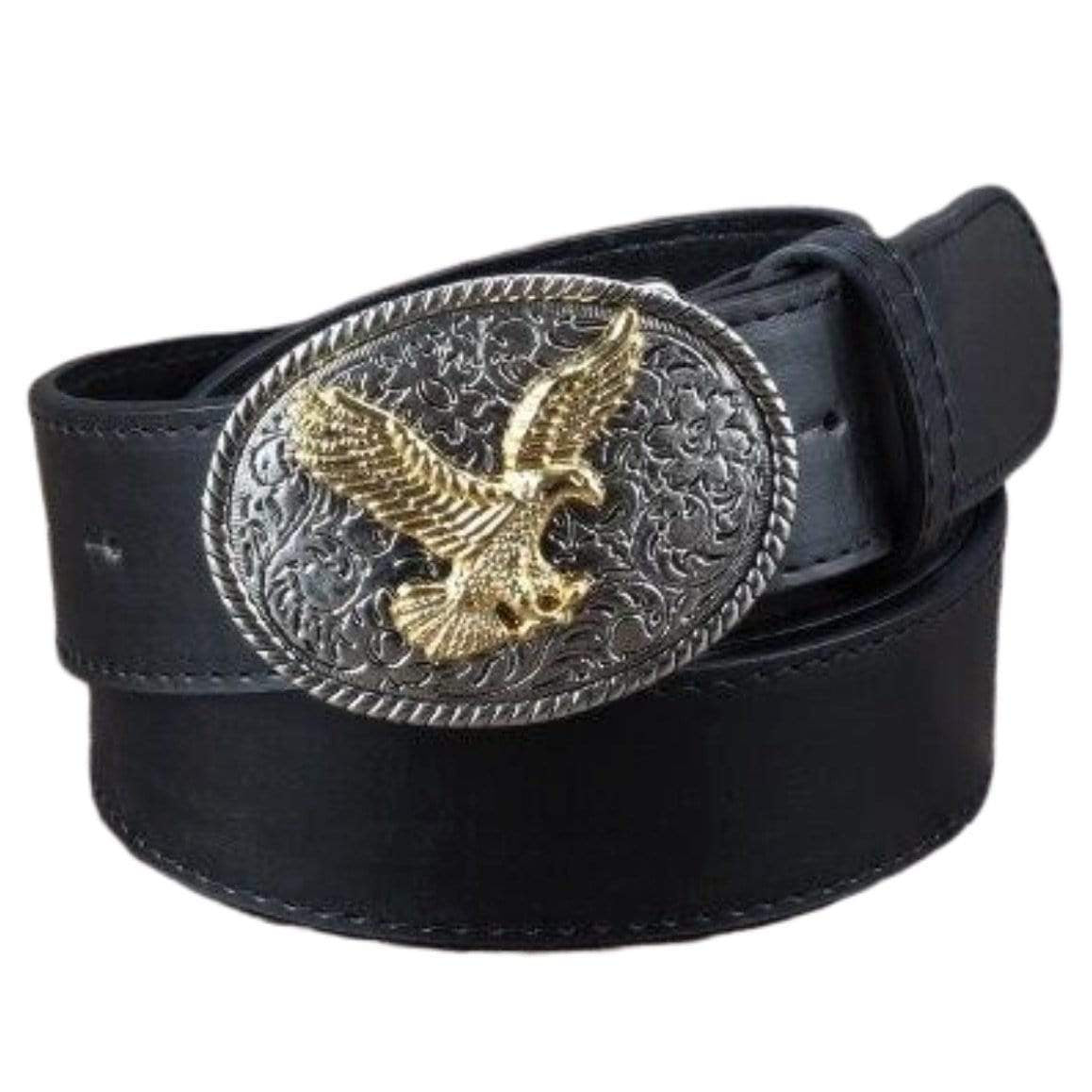 Black leather belt with an ornate silver and gold eagle buckle.
