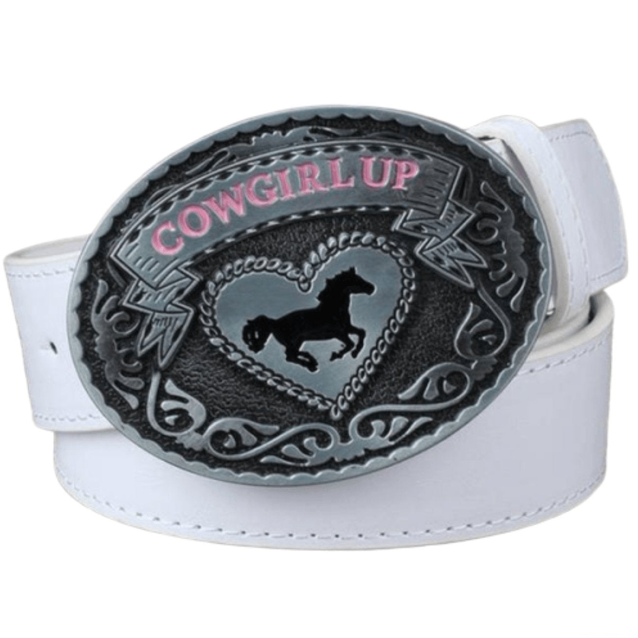 White belt with silver Cowgirl Up buckle.