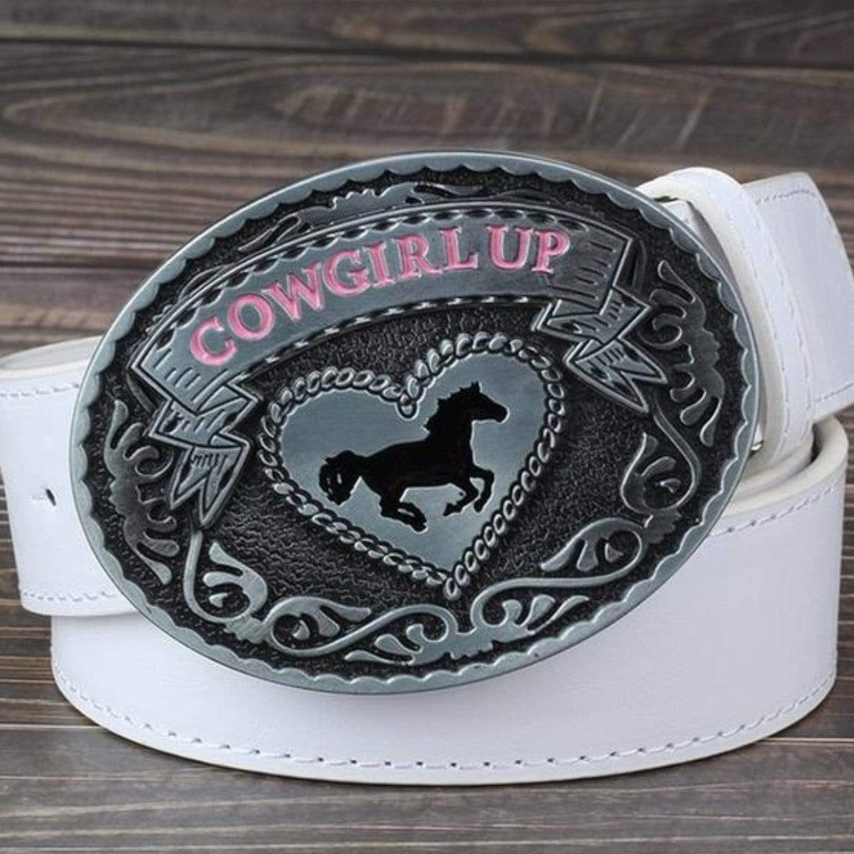 White belt with large oval buckle, "COWGIRL UP" with horse silhouette.
