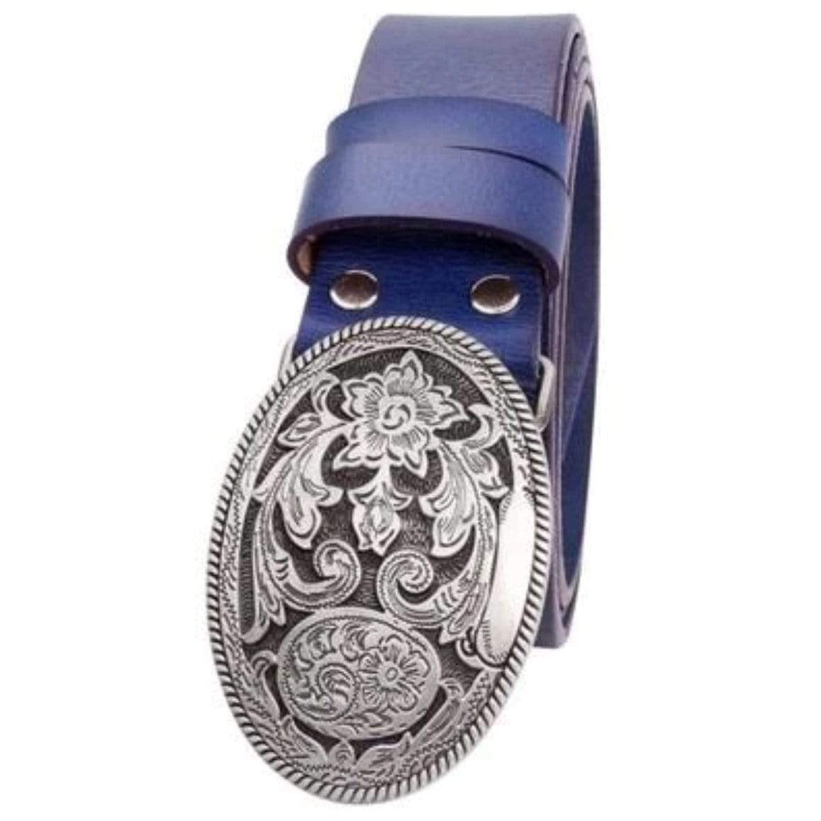 Blue leather belt with silver oval buckle.