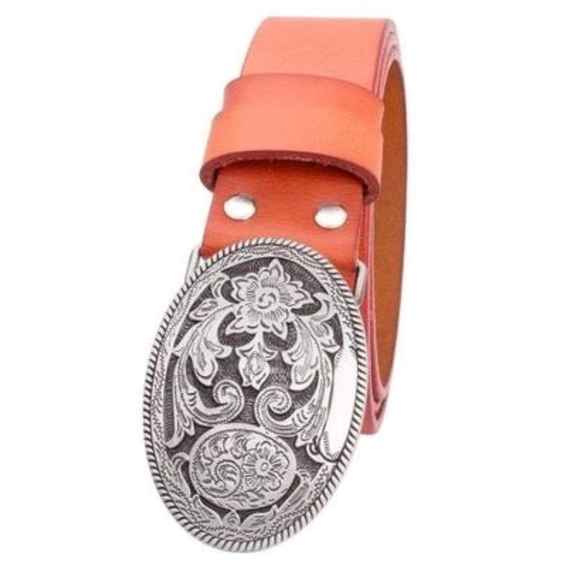 An orange leather belt with a silver floral buckle.