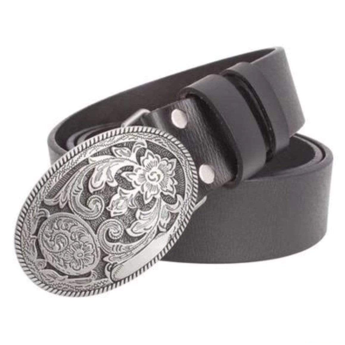 Black leather belt with silver floral buckle.

