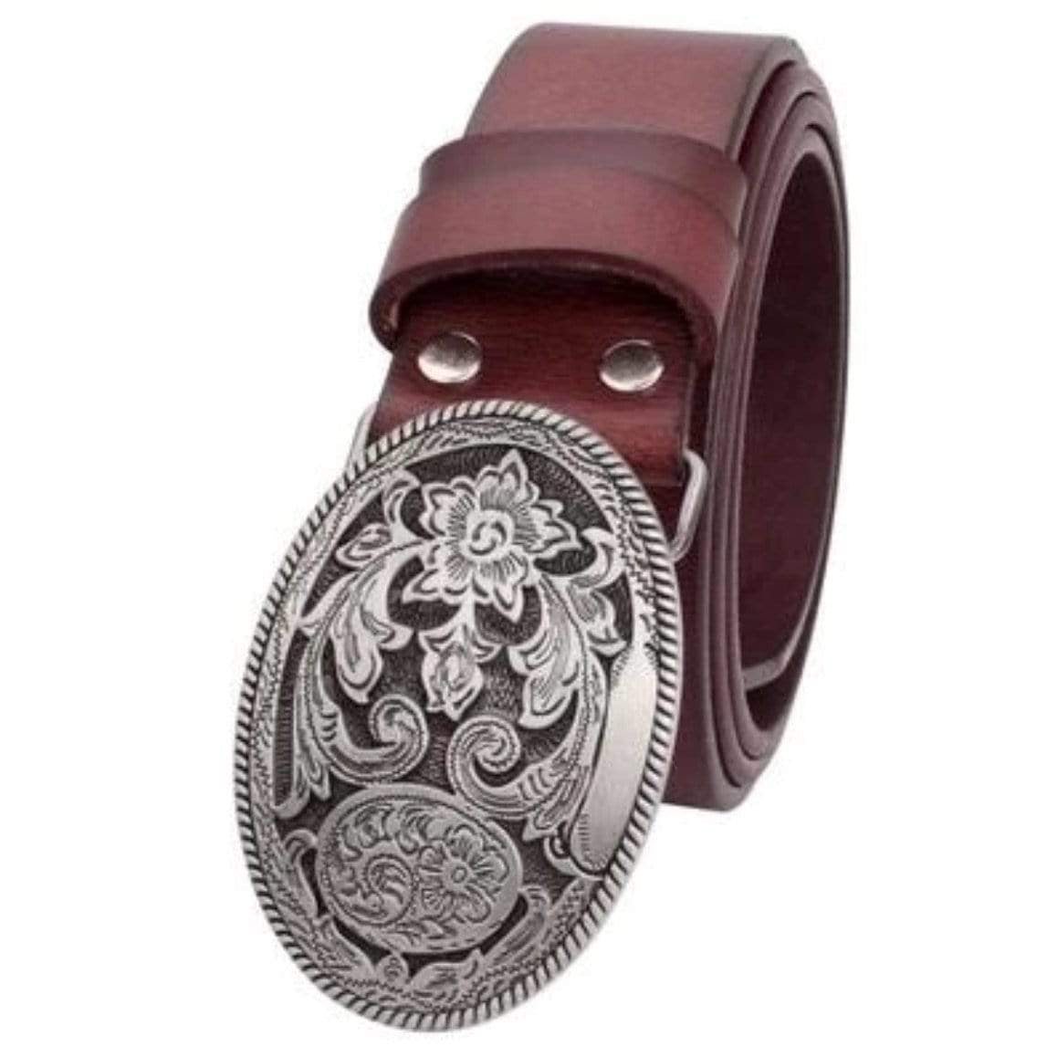 Maroon leather belt with an ornate silver buckle.
