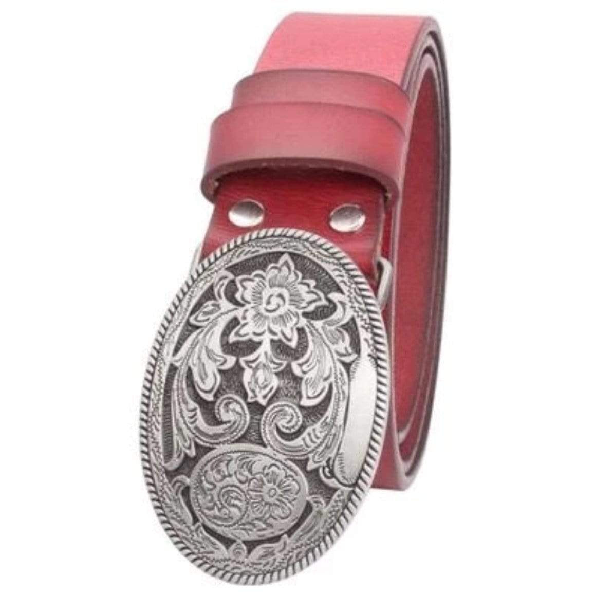 Close-up of a red leather belt with a silver, oval-shaped, floral-patterned buckle.