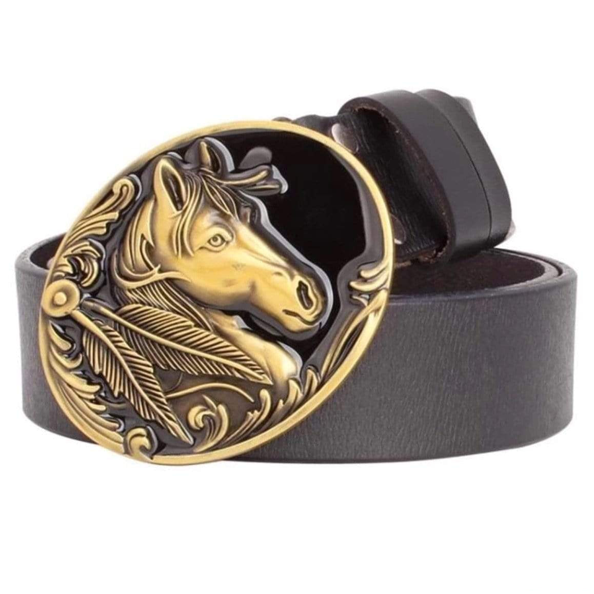 Brown leather belt with an oval gold-colored horse and feather buckle.