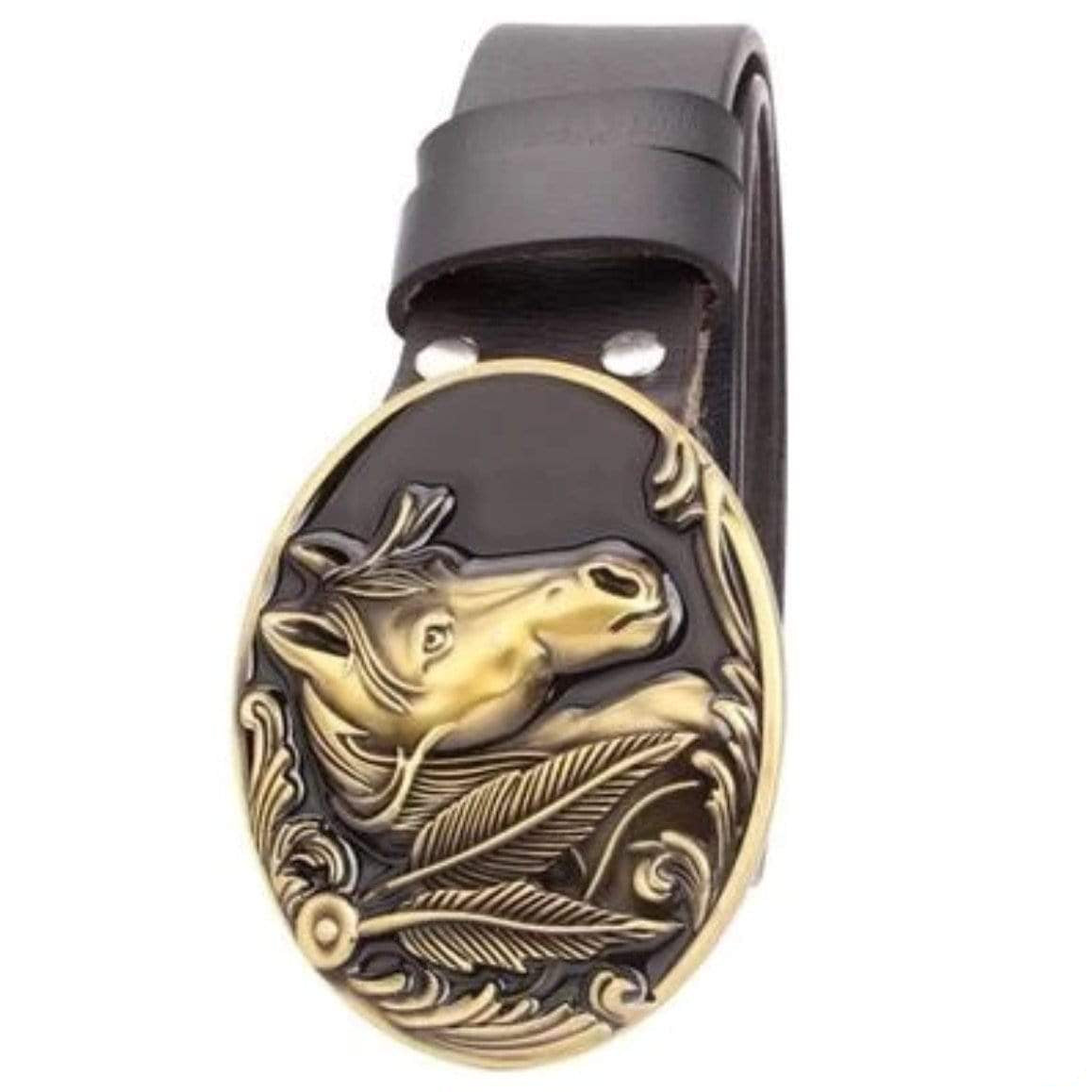 A leather belt with a horse-shaped buckle.