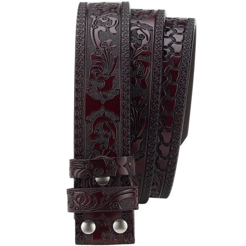 Maroon leather belt with floral design.
