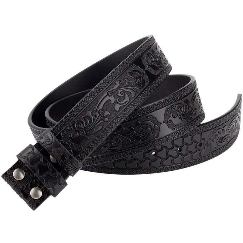 Black leather belt with embossed floral design.