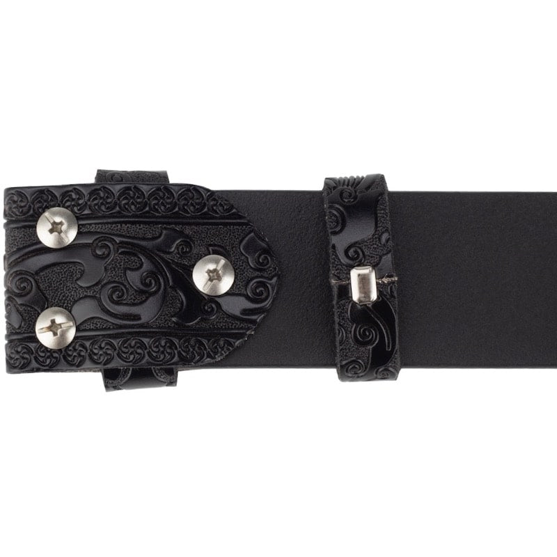 Black leather belt with decorative details.