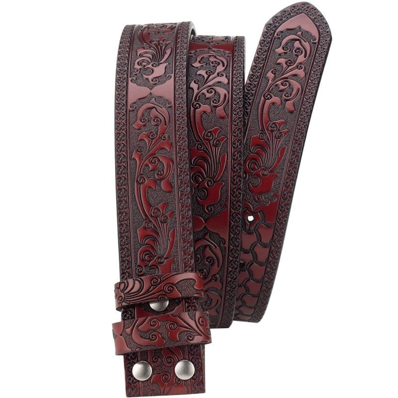 Embossed maroon leather belt with silver-toned studs.
