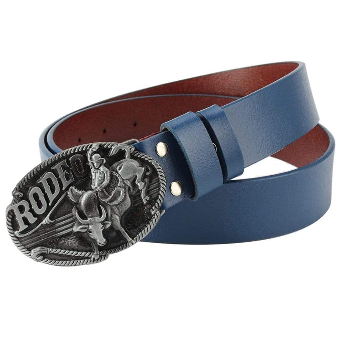 Blue leather belt with a silver rodeo buckle.