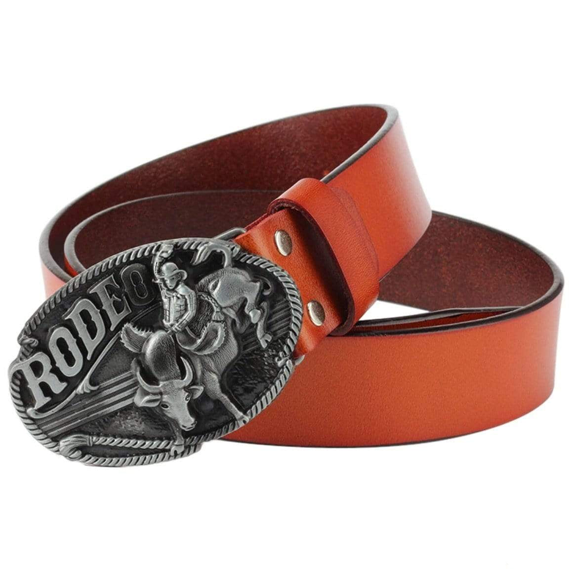 Orange leather belt with a silver "Rodeo" buckle showing a bull rider.