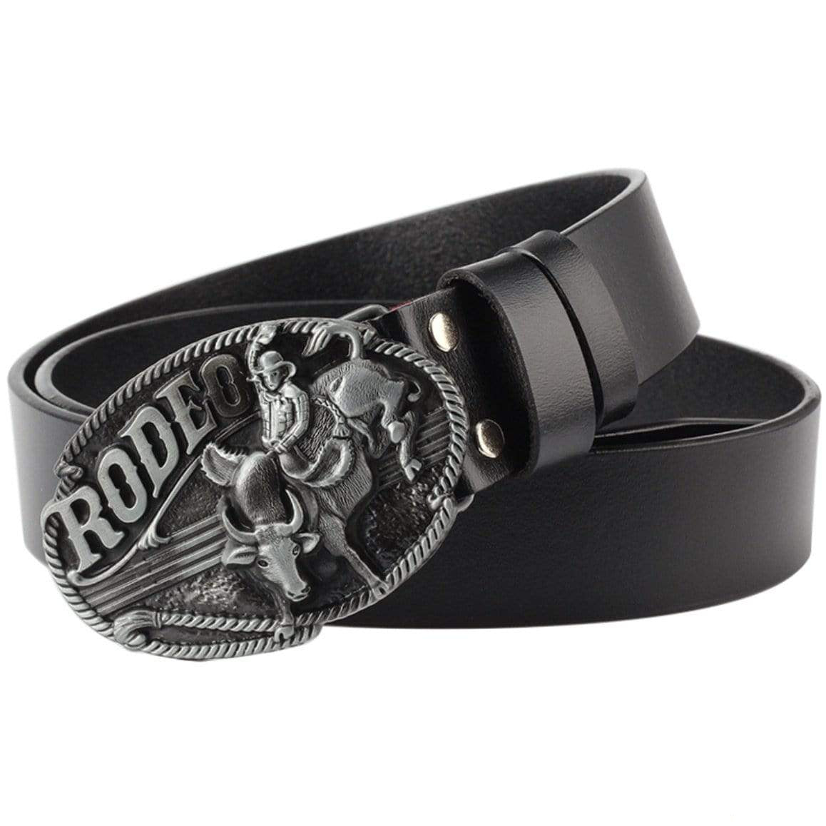 Black leather belt with rodeo buckle.
