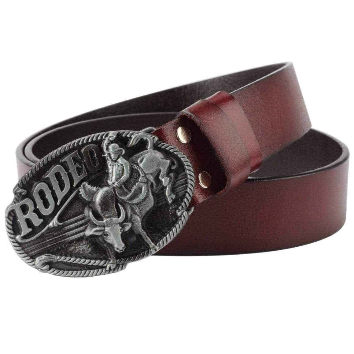 A brown leather belt with a silver buckle featuring a rodeo scene.