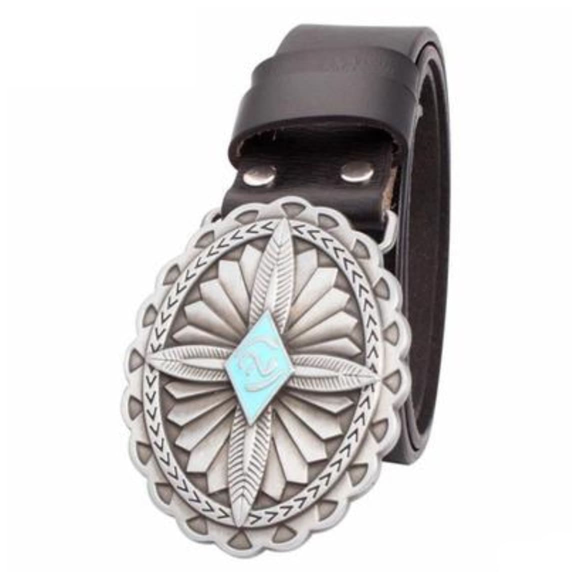 Black leather belt with silver oval buckle featuring turquoise detail.
