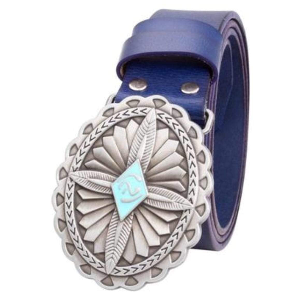 Blue leather belt with a silver and turquoise buckle.
