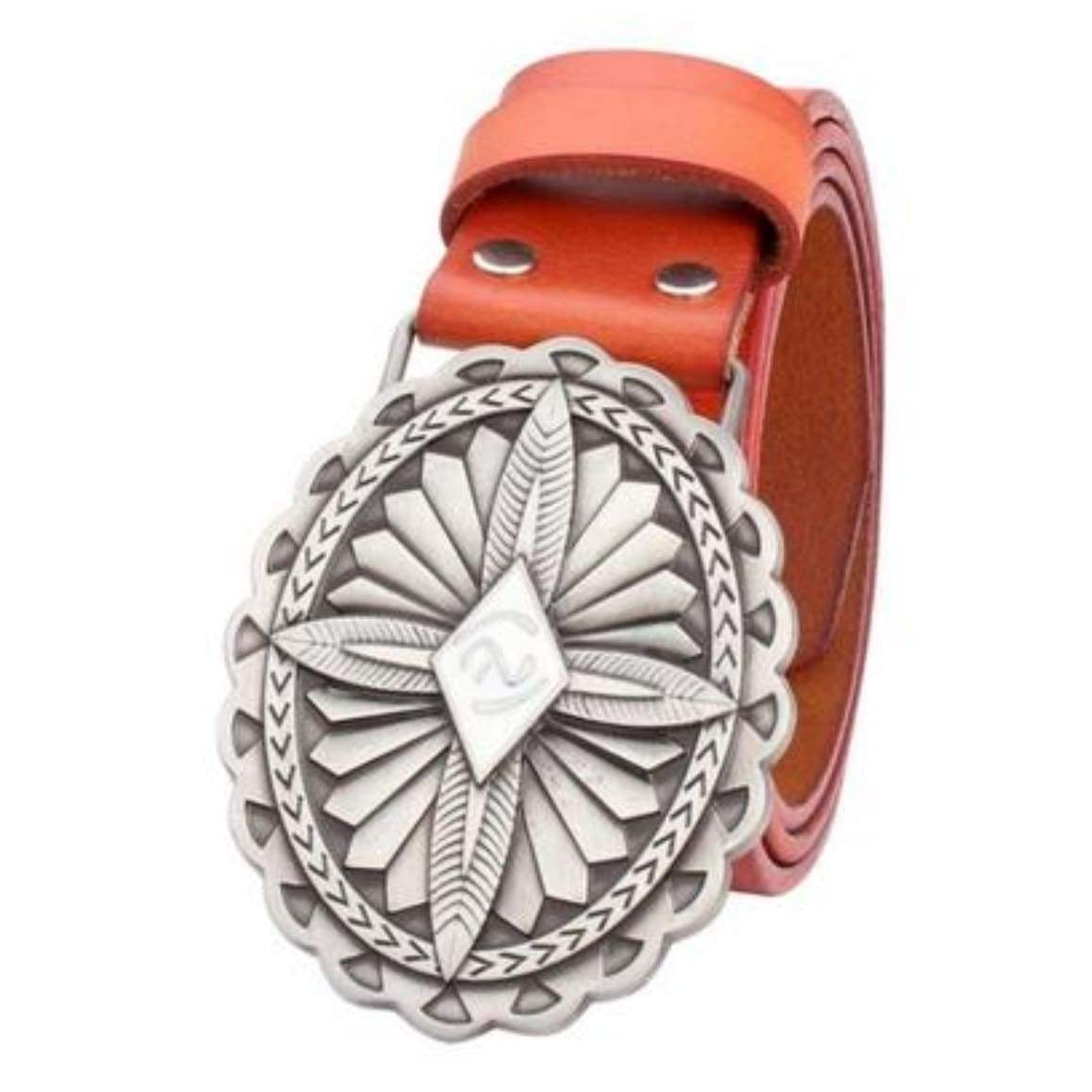 Orange leather belt with silver buckle.
