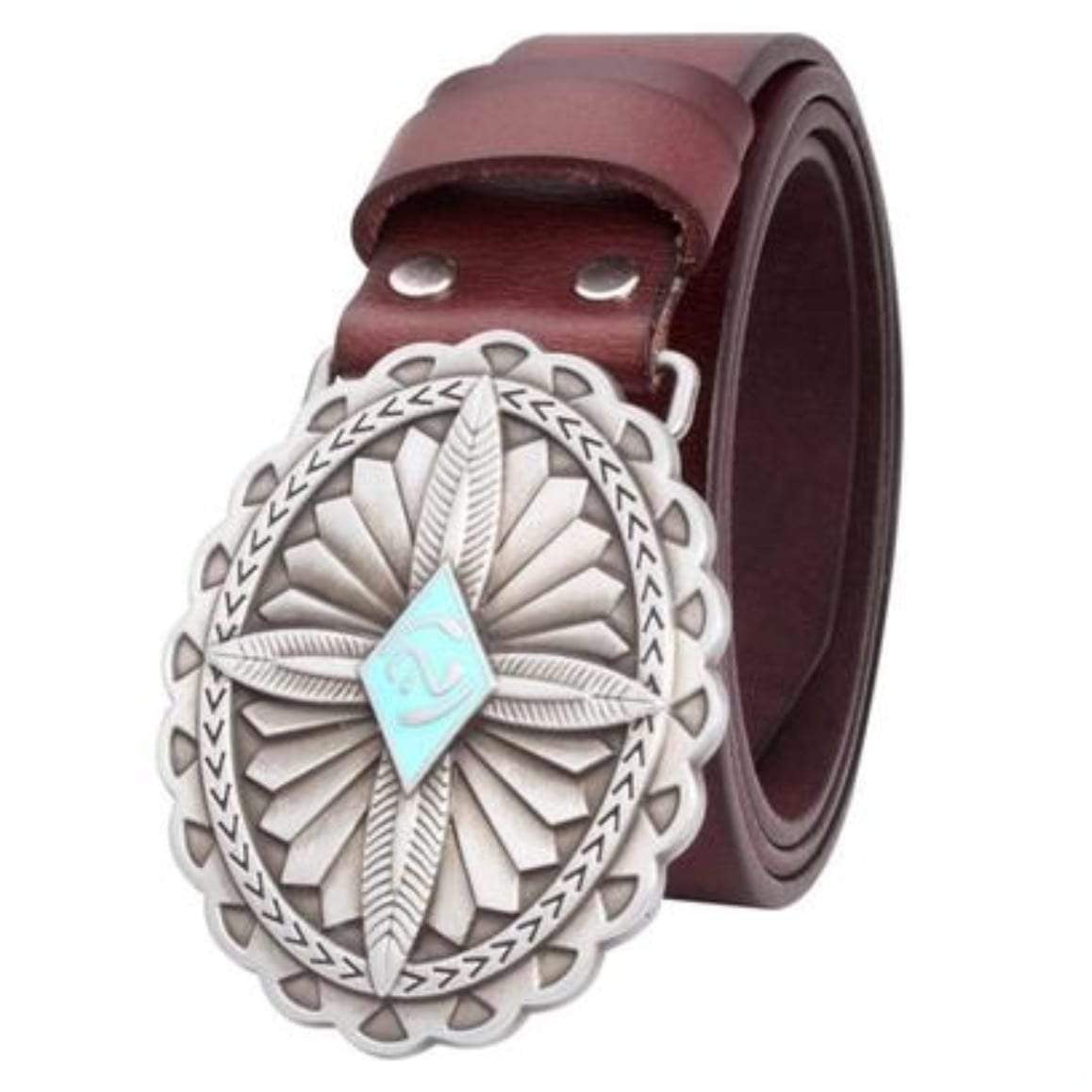 Brown leather belt with a silver, turquoise-accented buckle.
