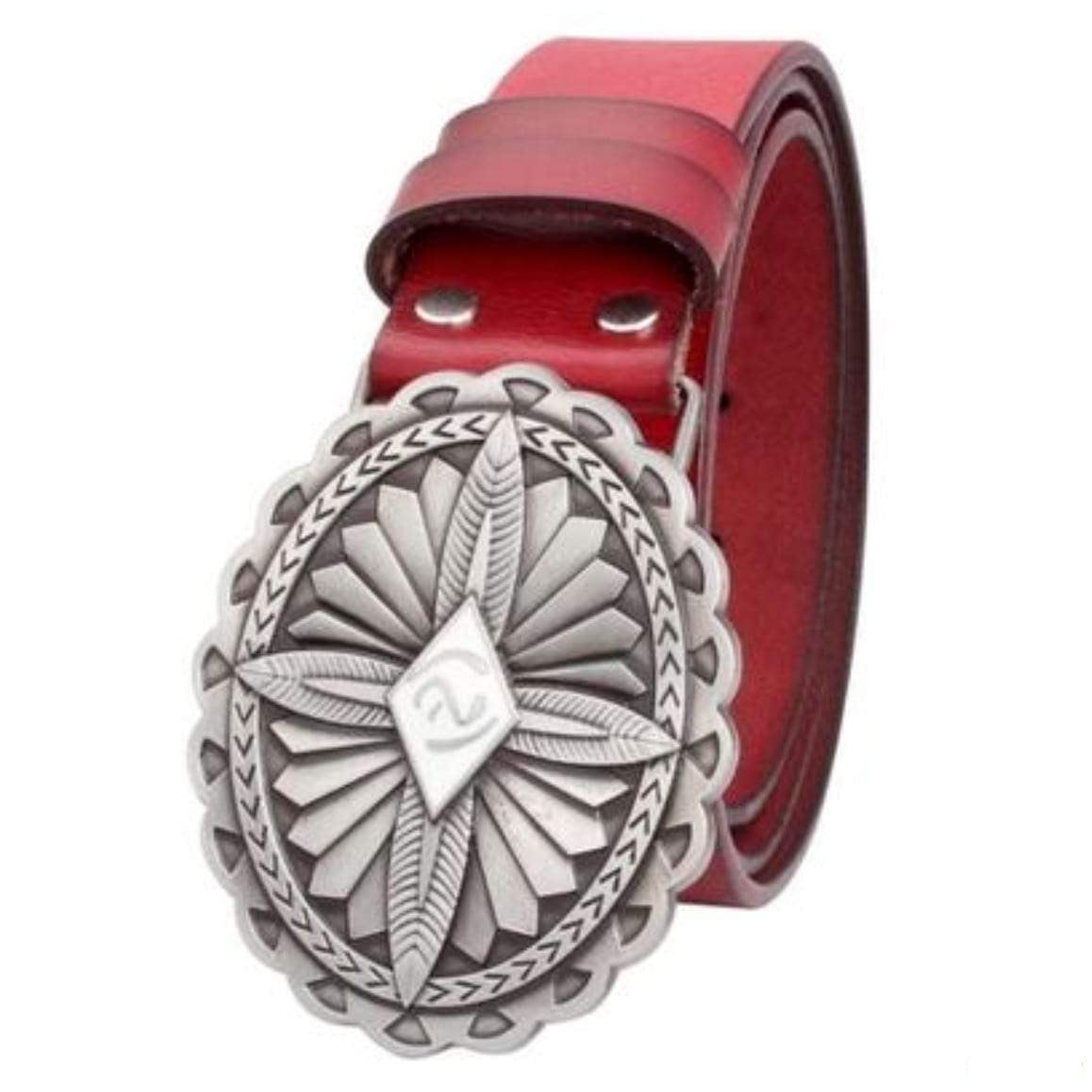Red leather belt with silver oval-shaped buckle.
