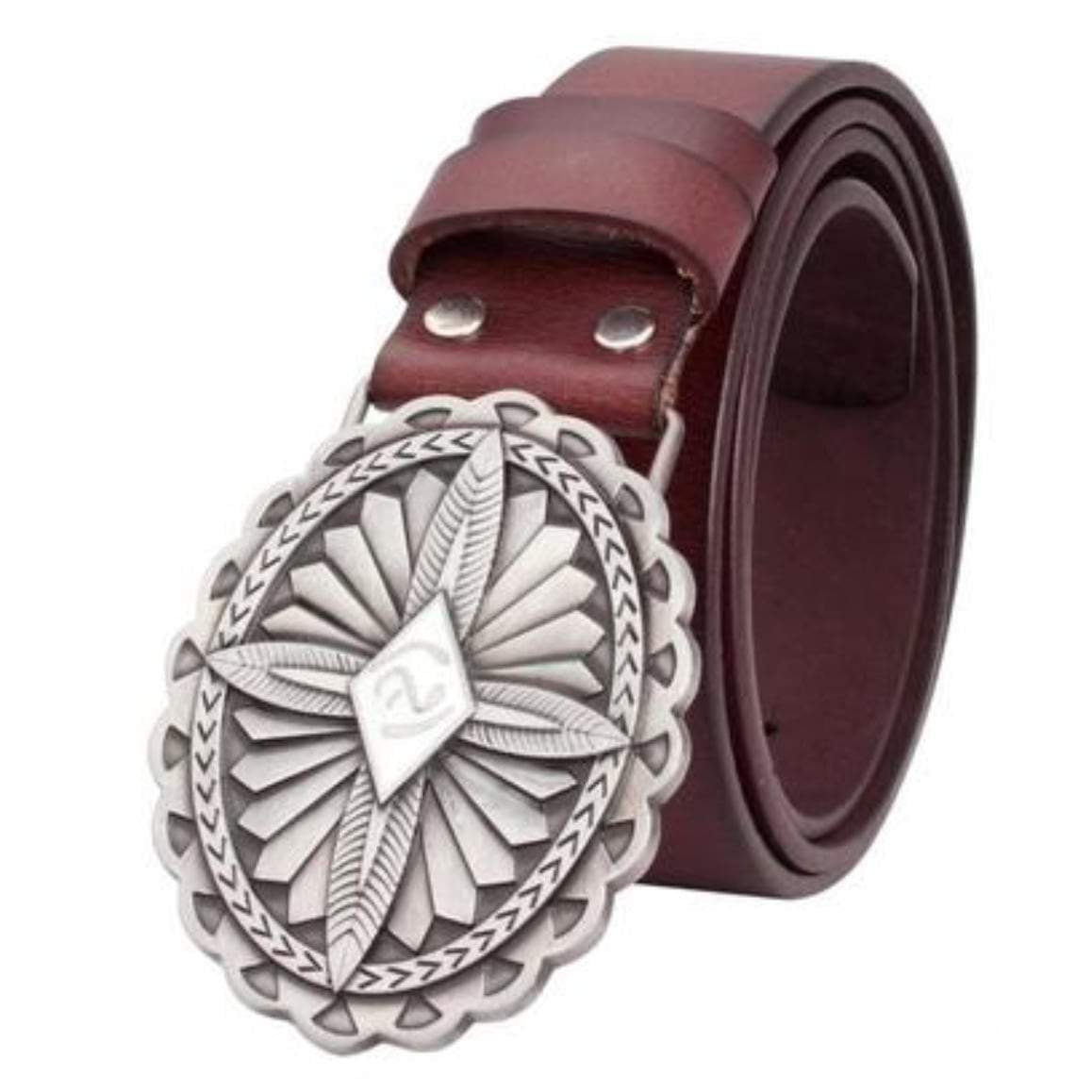 Brown leather belt with silver buckle.