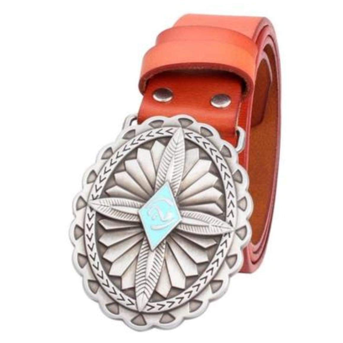 Close-up of an orange leather belt with a large silver buckle adorned with a turquoise-colored emblem.