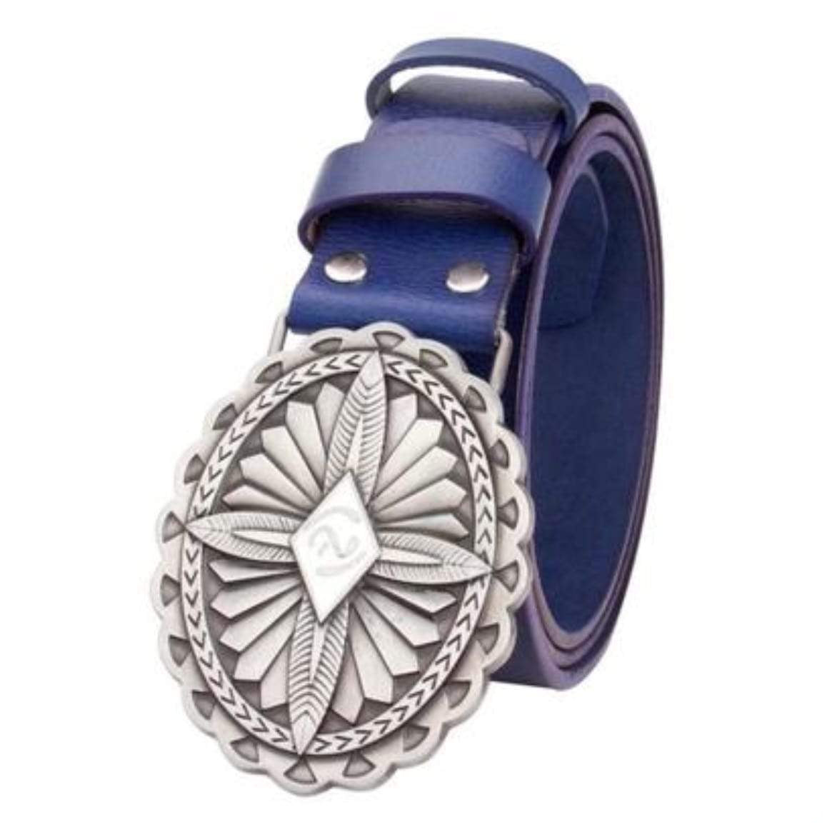A blue leather belt with a silver oval buckle featuring a sunburst design.