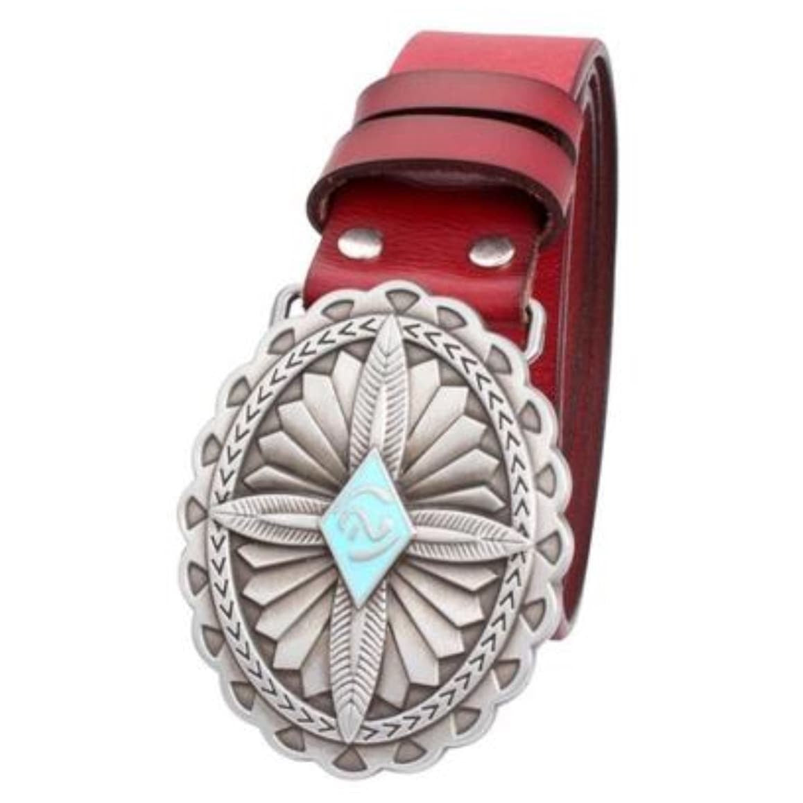 Close-up of a red leather belt with a large silver and turquoise concho buckle.