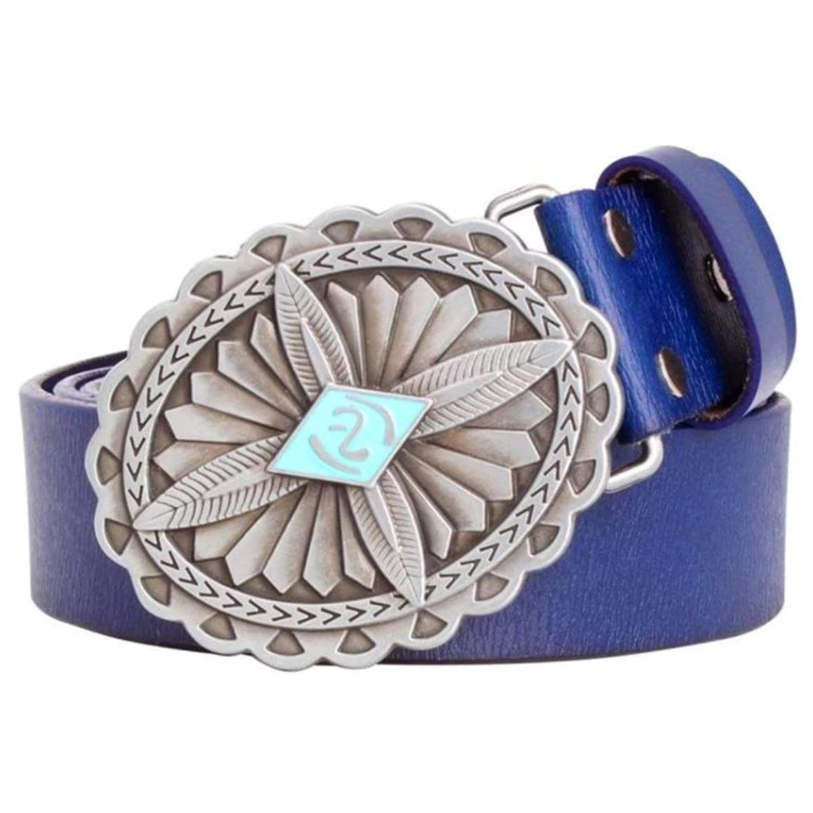Blue leather belt with an oval silver belt buckle featuring a turquoise diamond center.