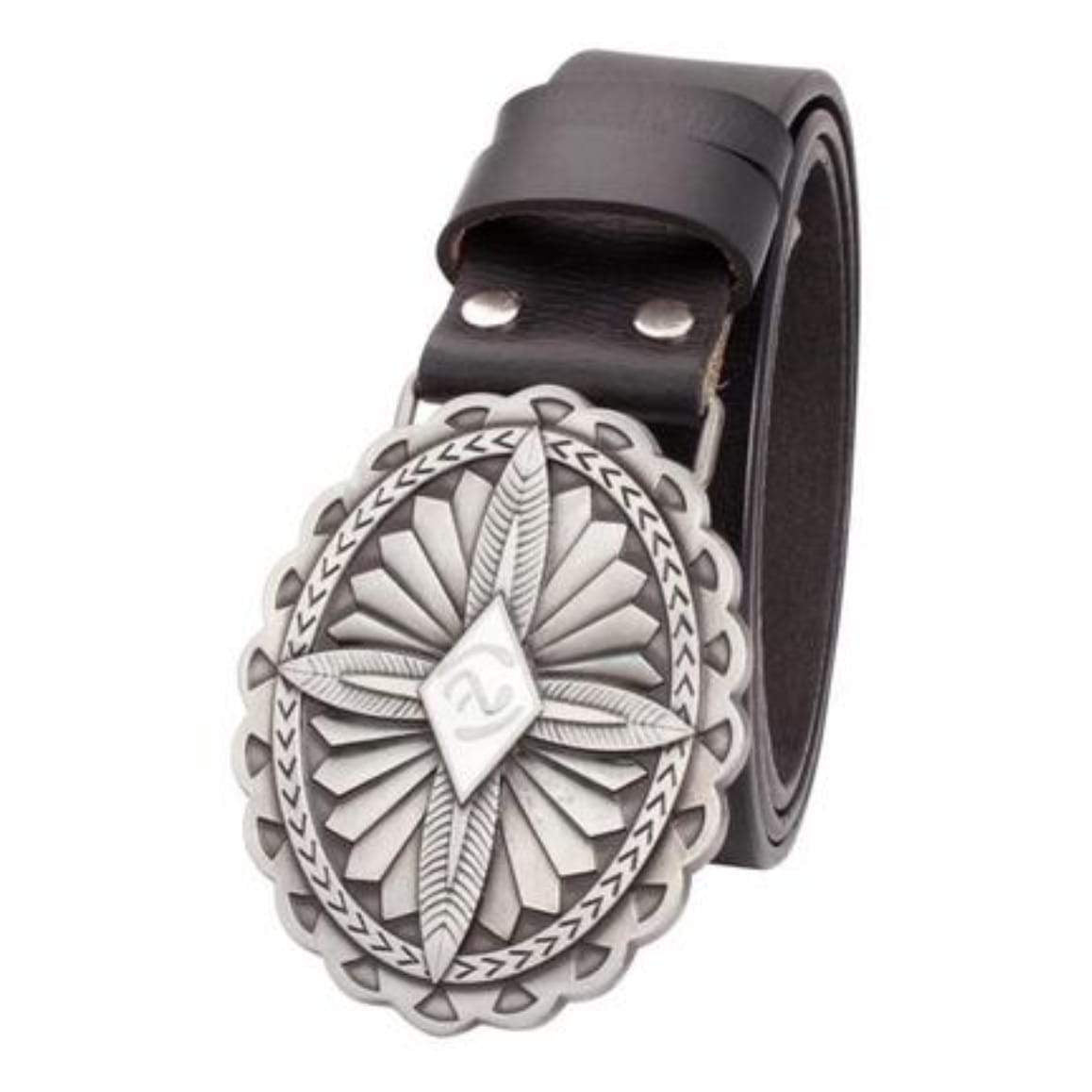 Black leather belt with an ornate silver buckle.