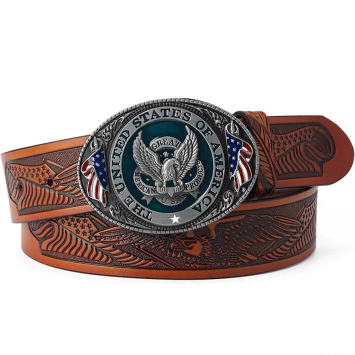 Embossed brown leather belt with a large, silver American eagle buckle.