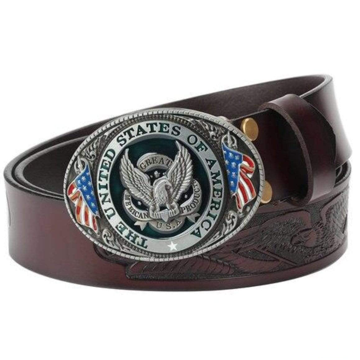 Brown leather belt with a silver buckle featuring an eagle and American flags.