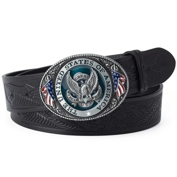 Black leather belt with a patriotic eagle buckle.